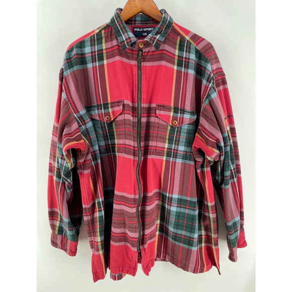 Polo Sport Ralph Lauren Full Zip Flannel Shirt Mens Medium Vintage Red Plaid 90s